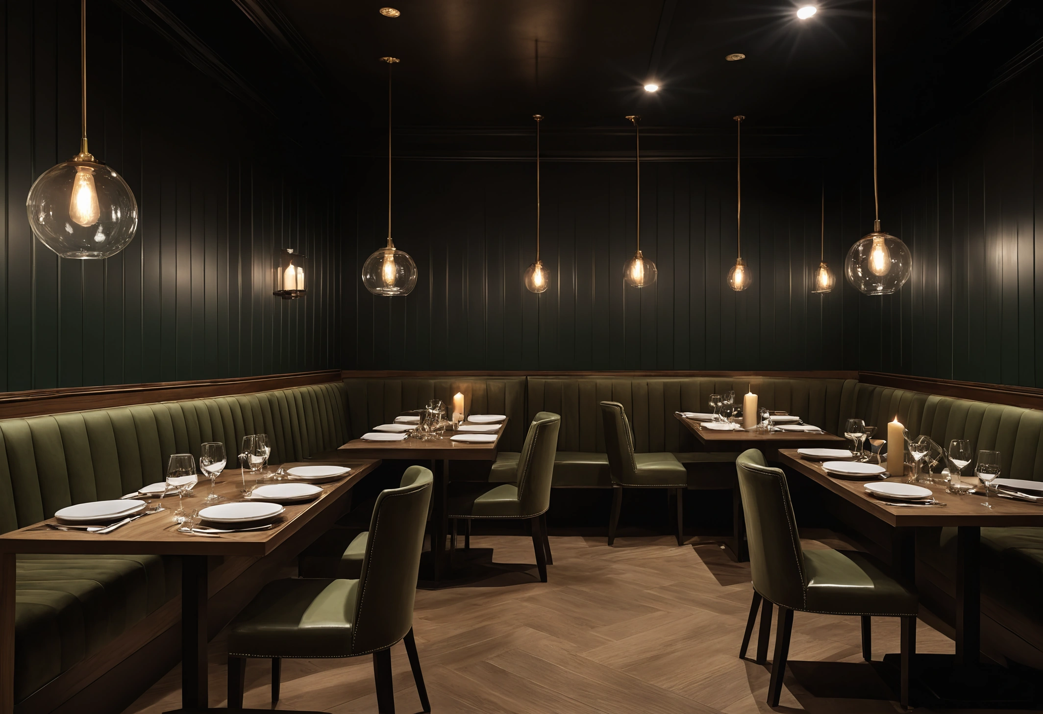 Restaurant dining room with banquette seating, loose tables and layered evening lighting