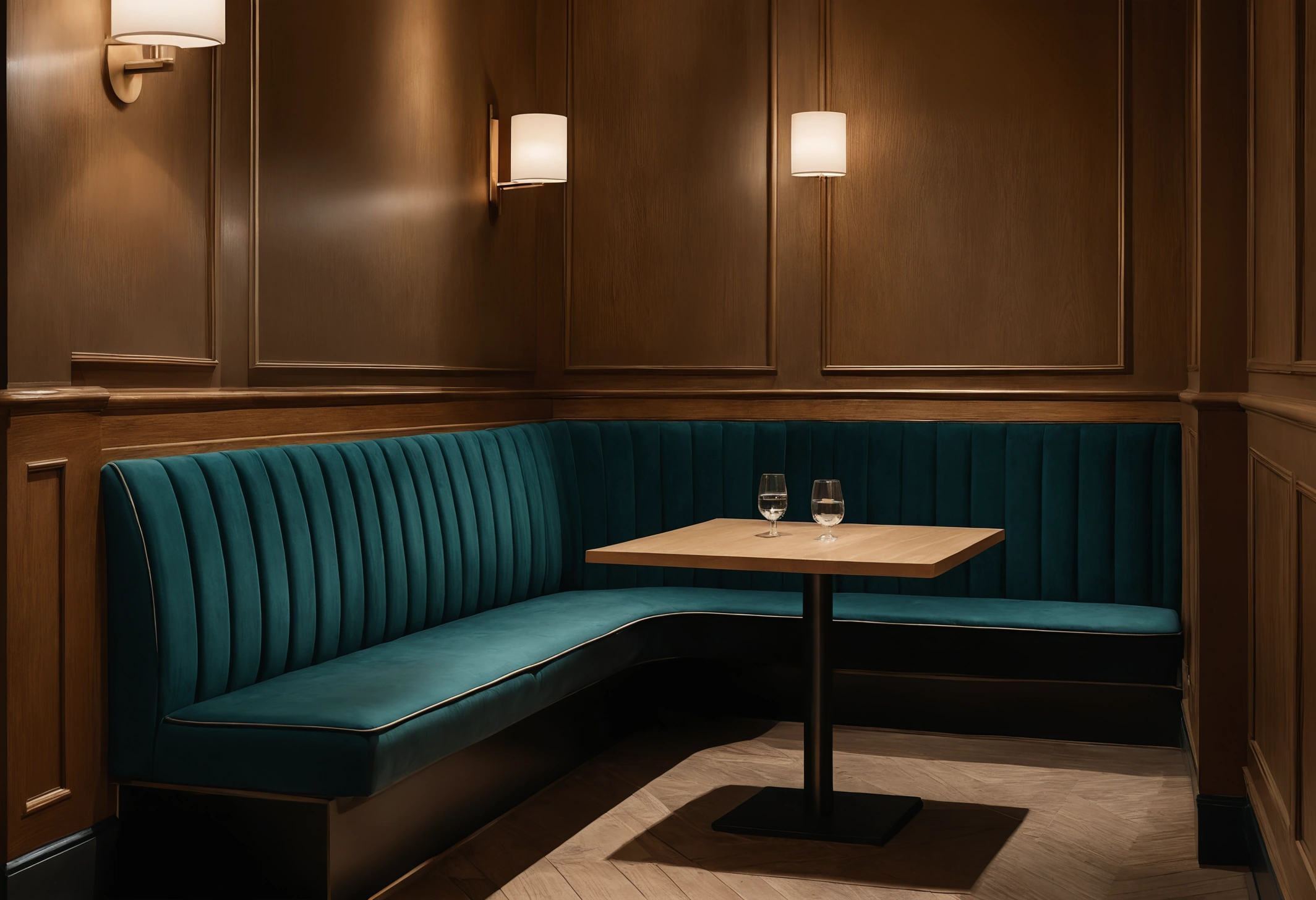 Upholstered banquette seating along a restaurant wall with tables and loose chairs opposite