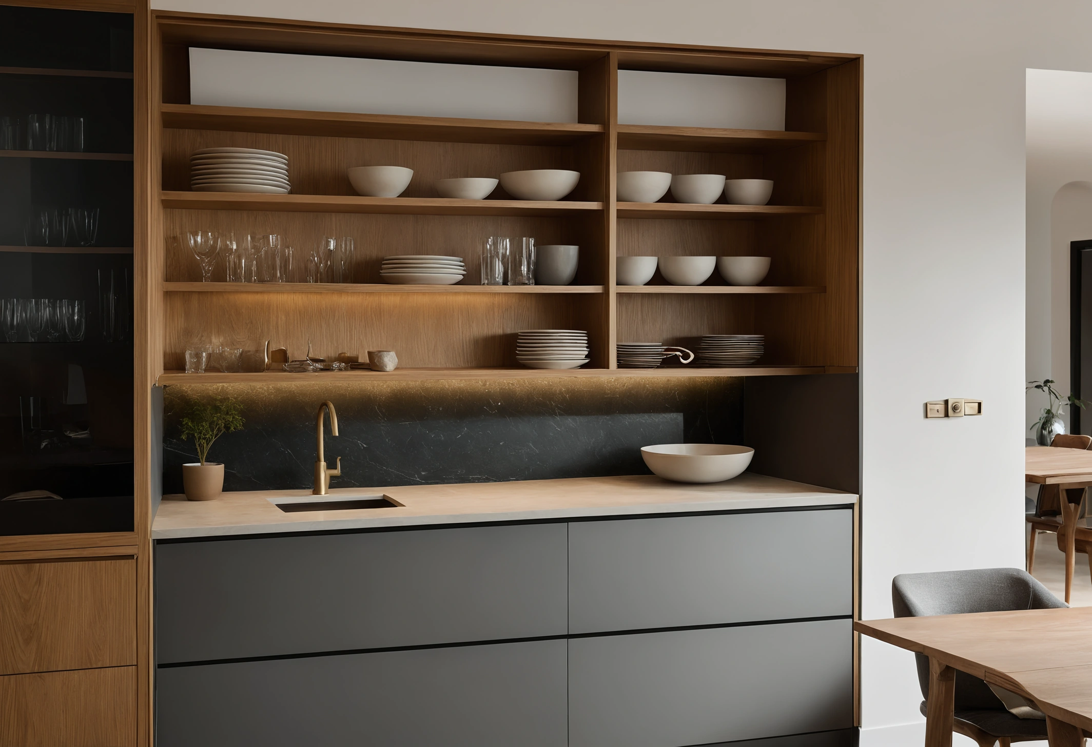 Built-in restaurant service station with concealed storage, water point and cutlery drawers