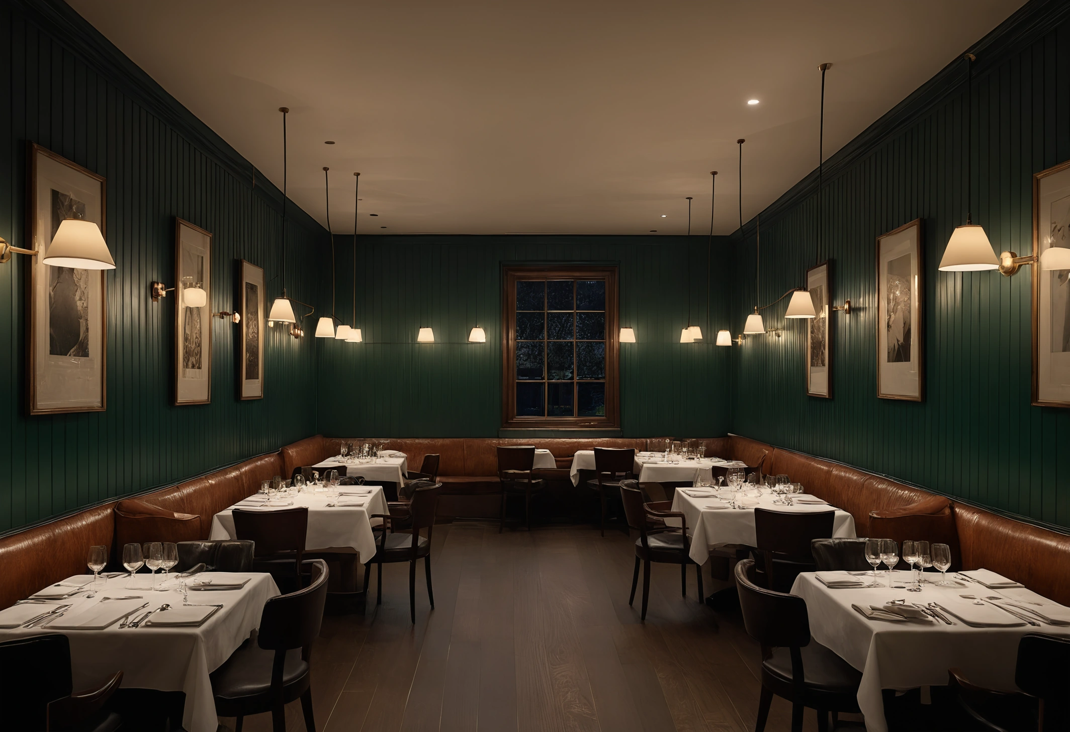 Restaurant interior at dinner service lighting with focused table light and low ambient level